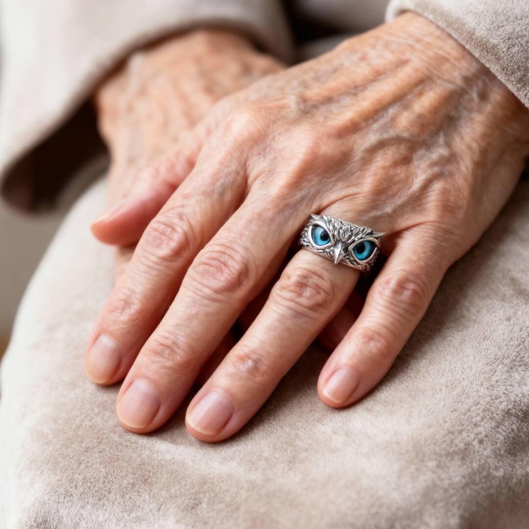 Adjustable Silver Blue Eye Owl Ring Susan Rose Jewelry