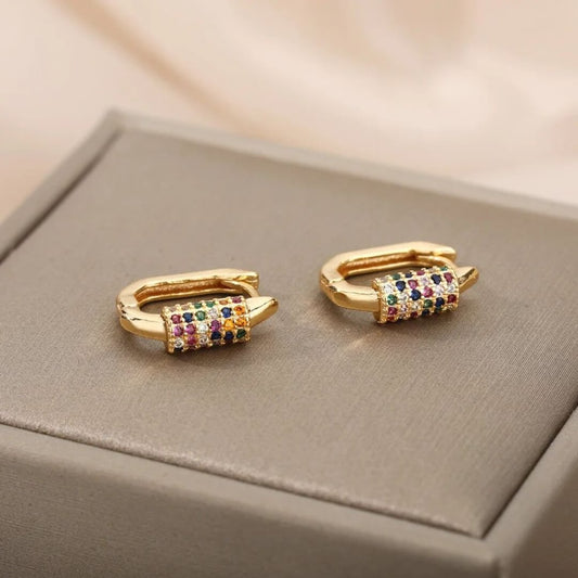 Gold Hoop Earrings with Multicolor Stones - Diane Jewelry