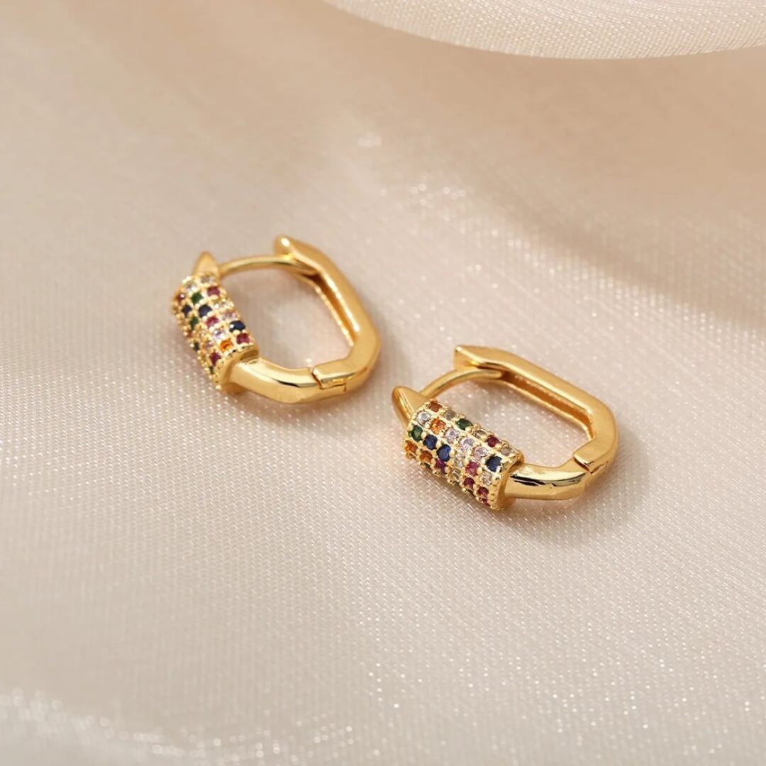 Gold Hoop Earrings with Multicolor Stones - Diane Jewelry