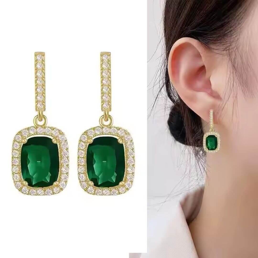 Green Crystal Gold Drop Earrings - Diane Jewelry
