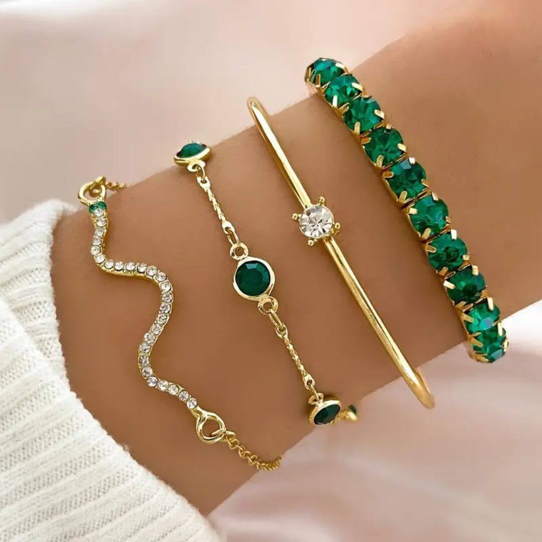 Gold Green Crystal Bracelet Set - Diane Jewelry