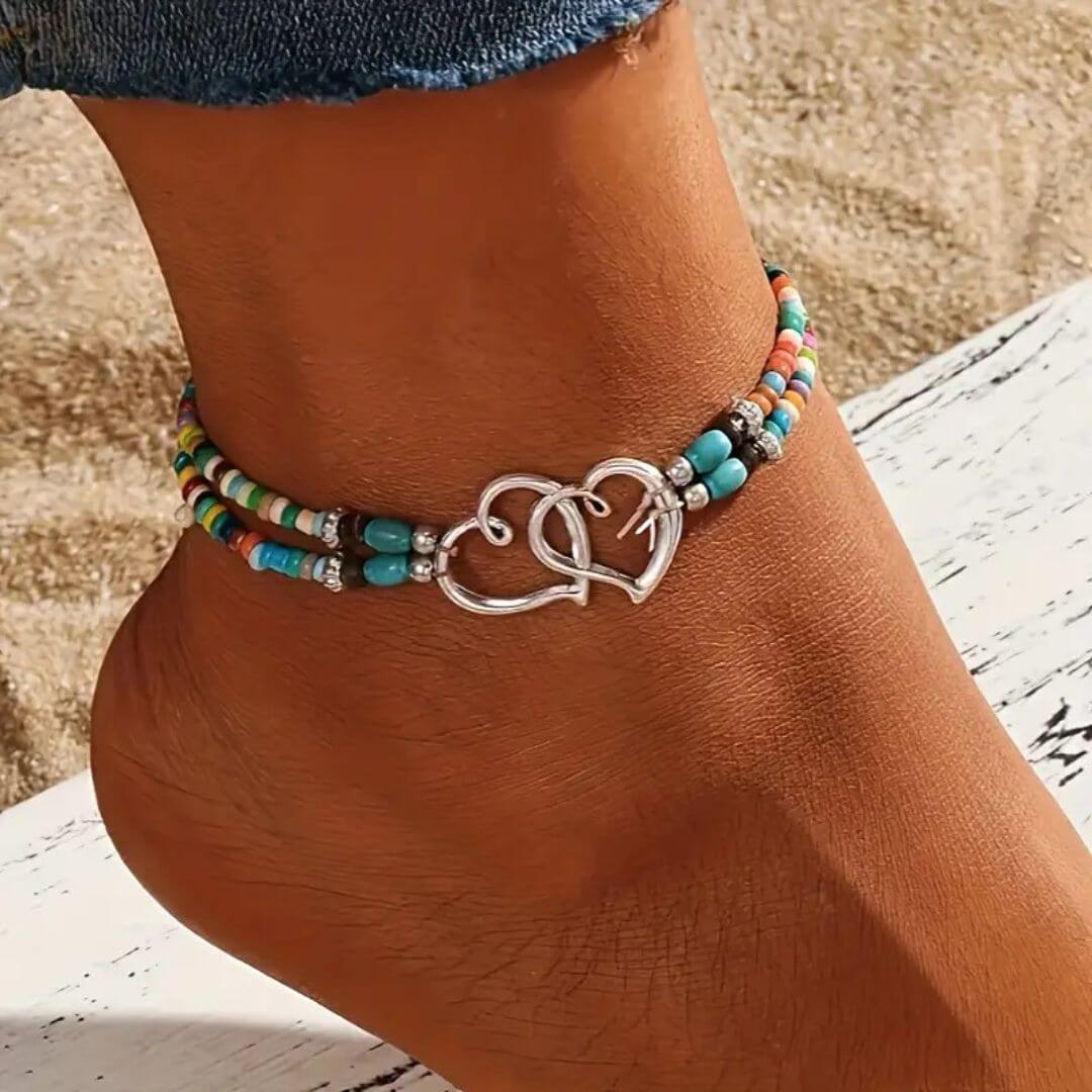 Boho Double Heart Beaded Anklet - Diane Jewelry