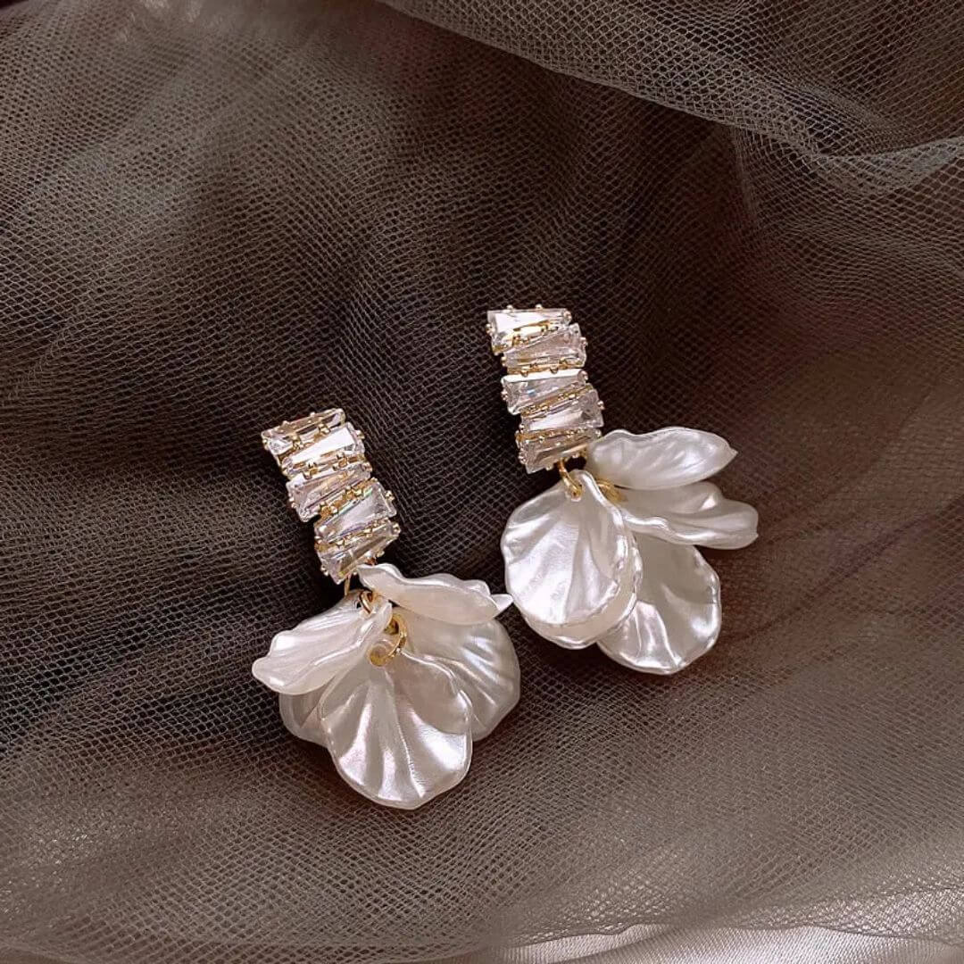 Gold Crystal Pearl Petal Earrings - Diane Jewelry