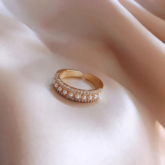 Gold Pearl Adjustable Open Ring - Diane Jewelry