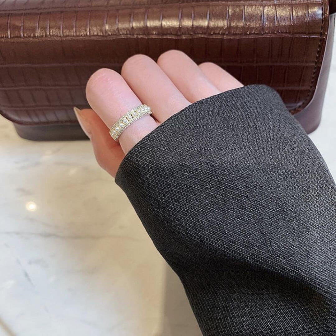Gold Pearl Adjustable Open Ring - Diane Jewelry