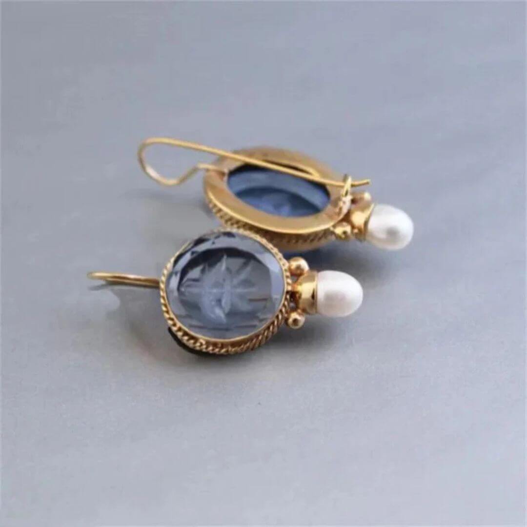 Blue Carved Gemstone Pearl Earrings - Diane Jewelry
