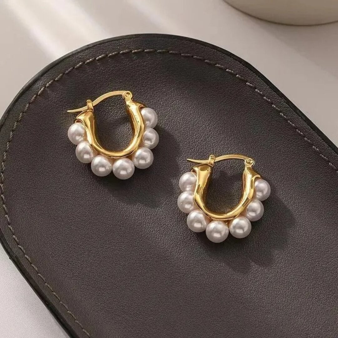 Gold Pearl Half Hoop Earrings - Diane Jewelry
