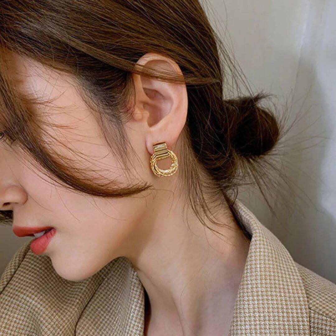 Textured Gold Circle Drop Earrings - Diane Jewelry