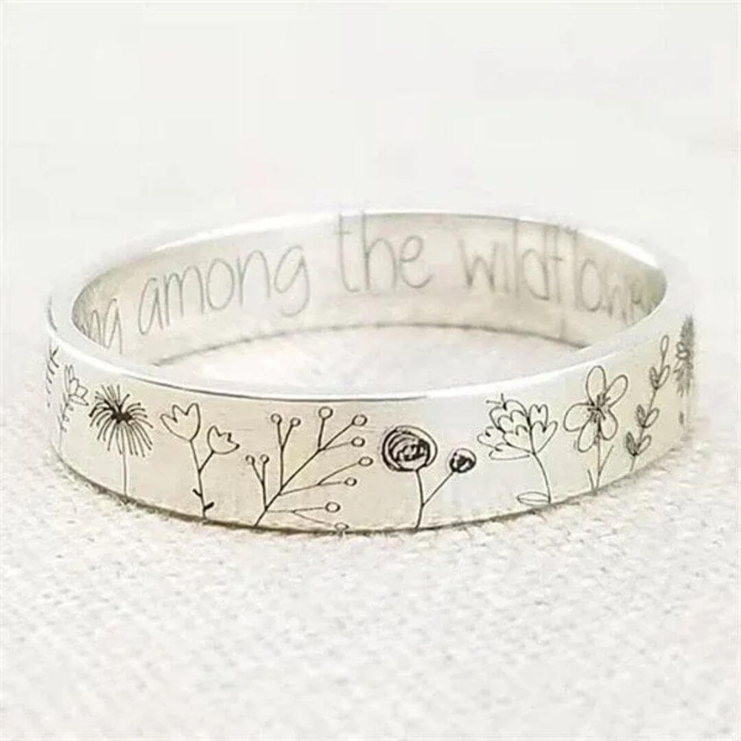 Wildflower Engraved Silver Band Ring - Diane Jewelry