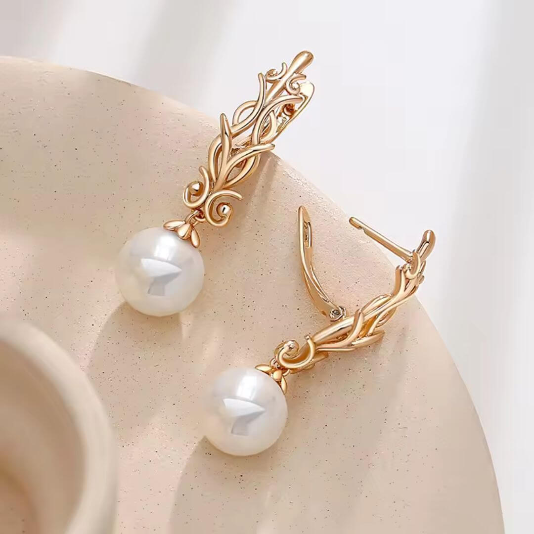 Gold Vine Pearl Drop Earrings - Diane Jewelry