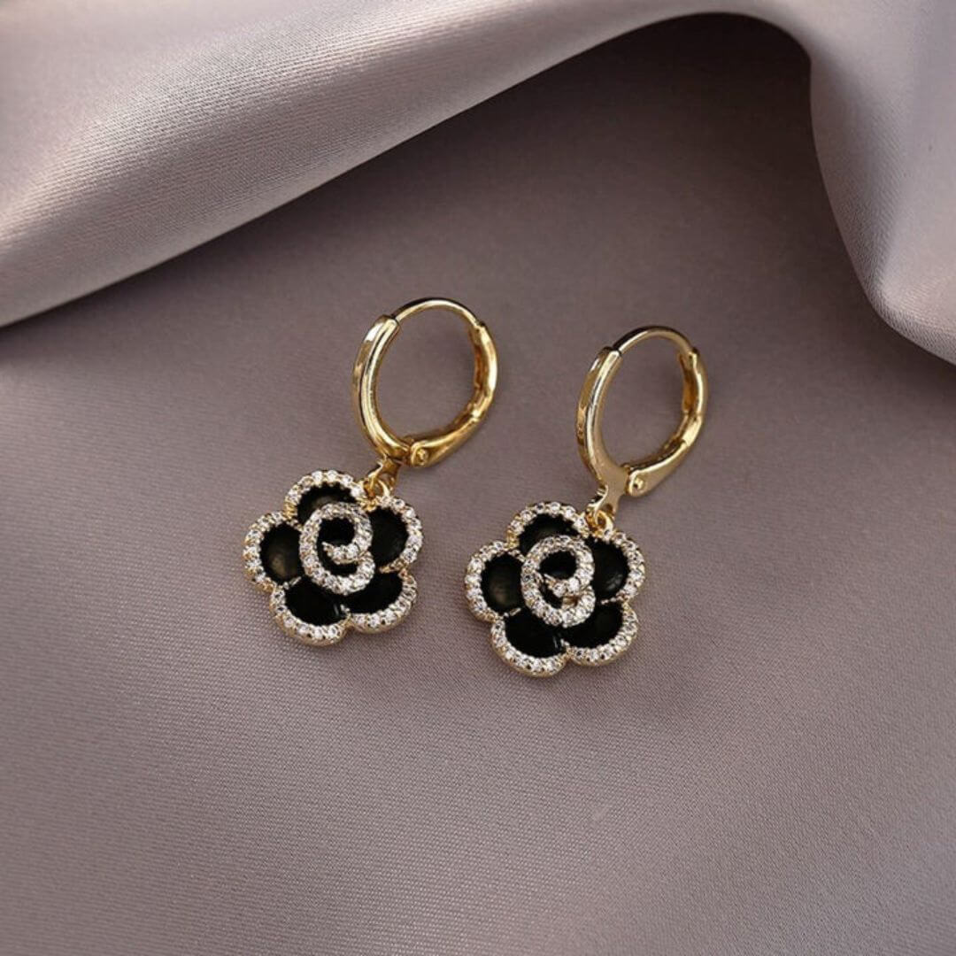 Black Rose Crystal Hoop Earrings - Diane Jewelry
