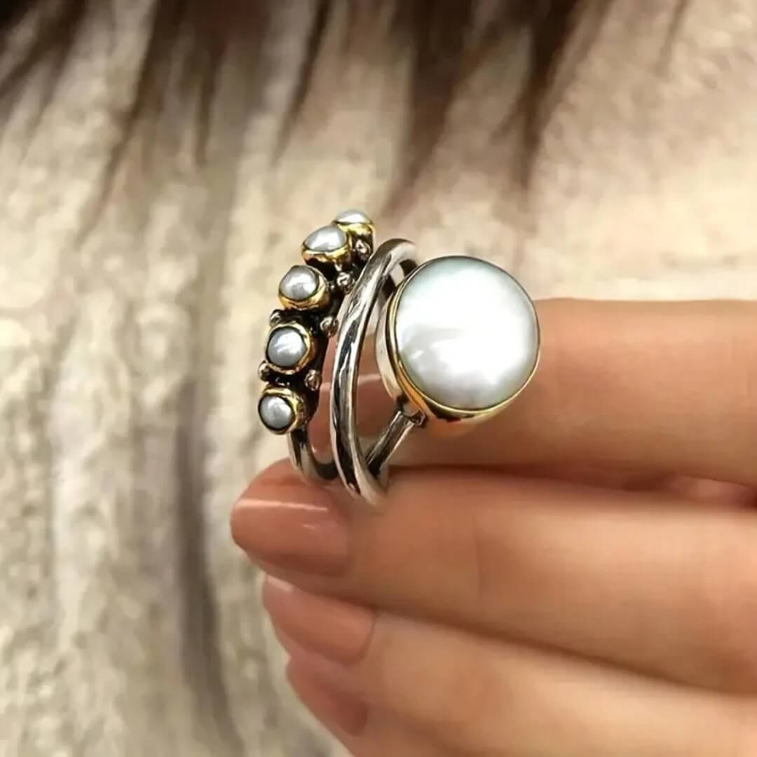 Vintage Moonstone Pearl Silver Ring - Diane Jewelry