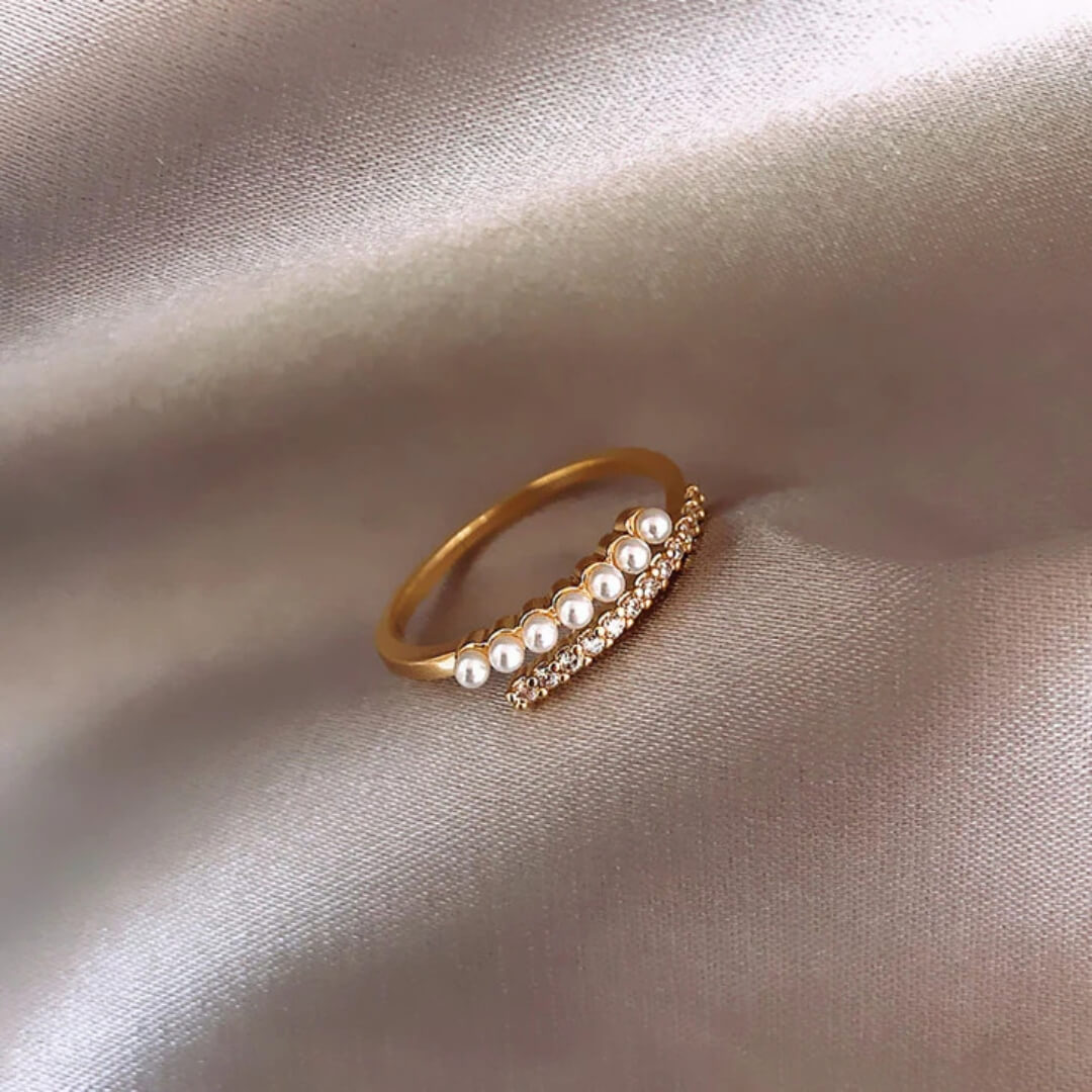 Gold Pearl Crystal Open Ring - Diane Jewelry