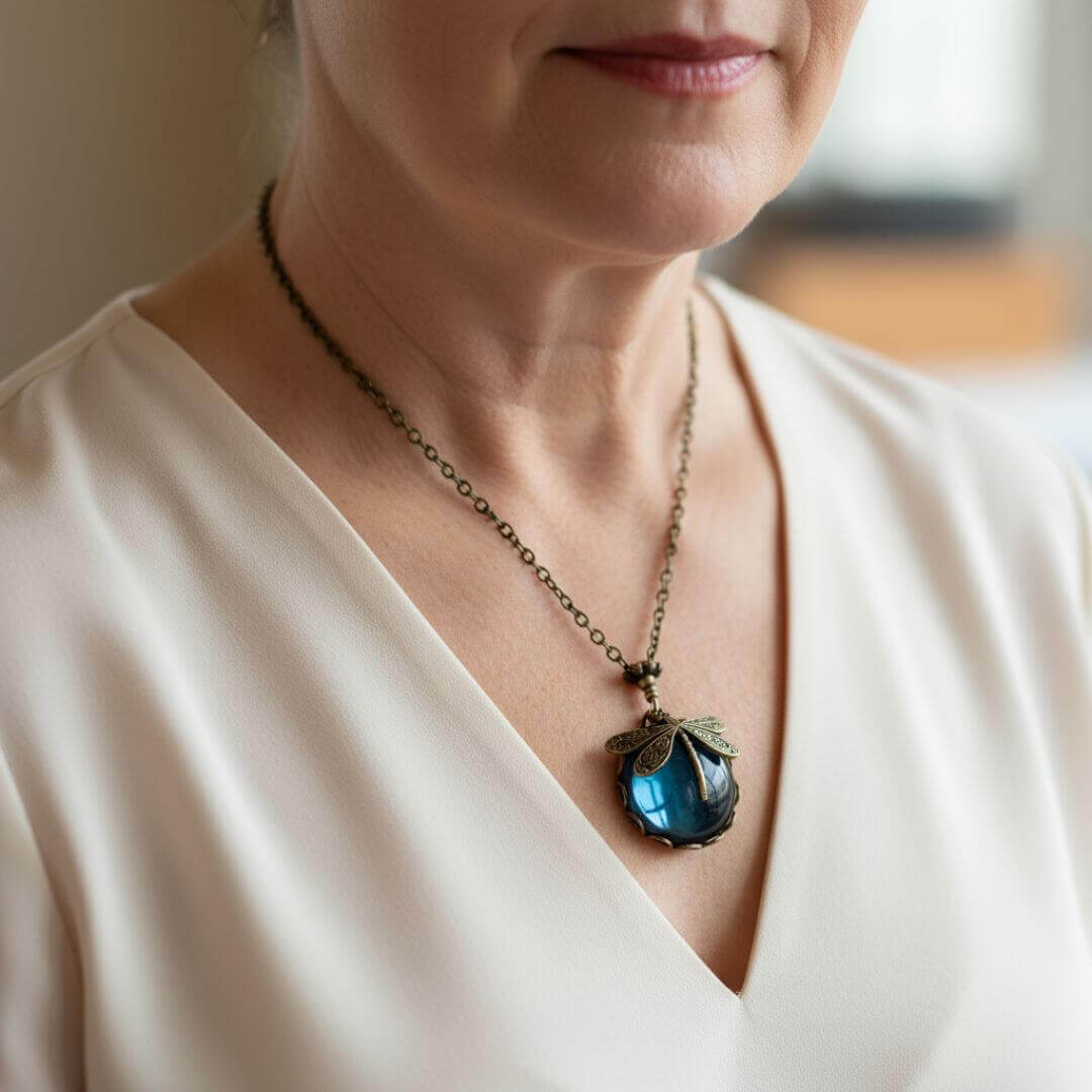 Vintage Dragonfly Blue Glass Necklace Emma & Noah Jewelry