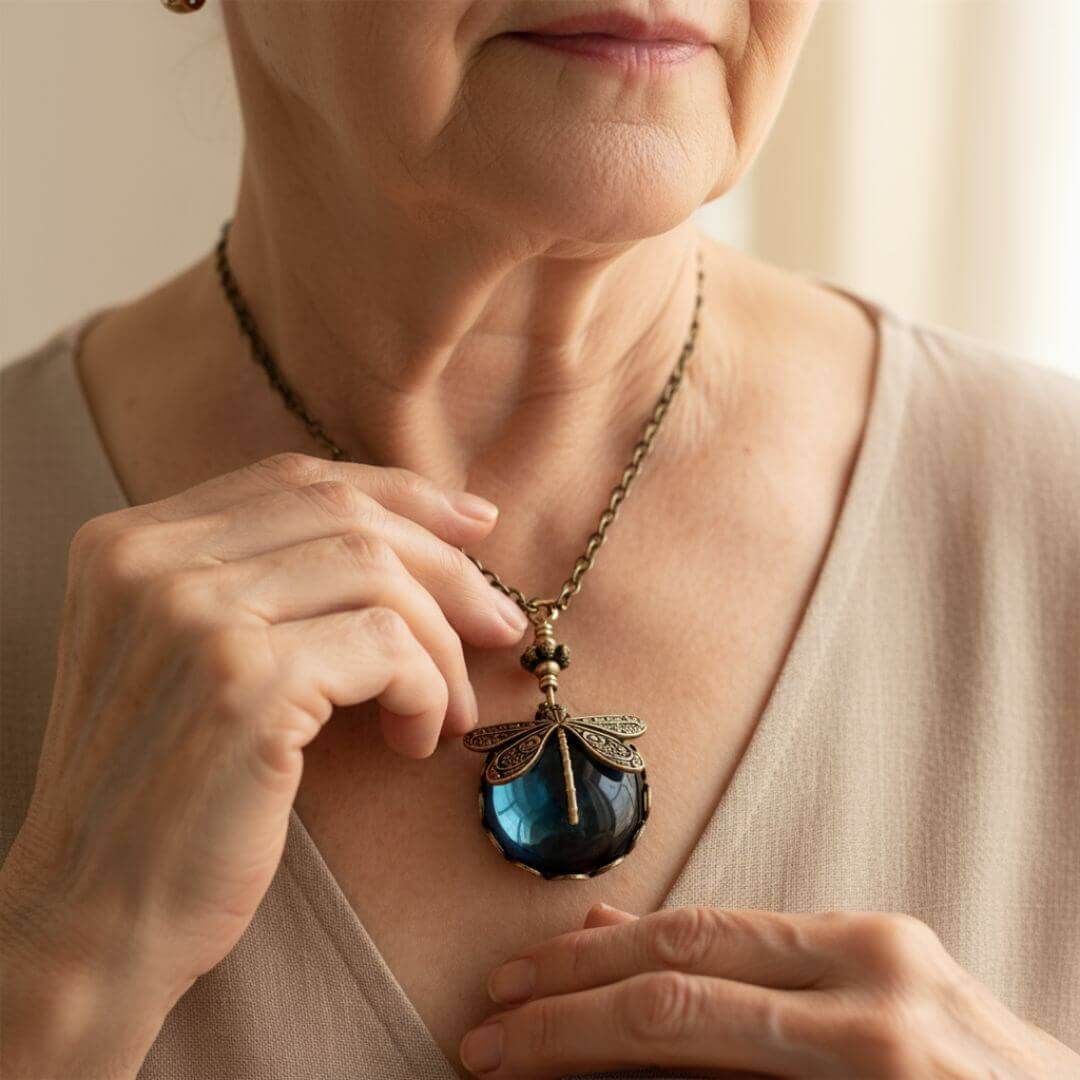 Vintage Dragonfly Blue Glass Necklace Emma & Noah Jewelry