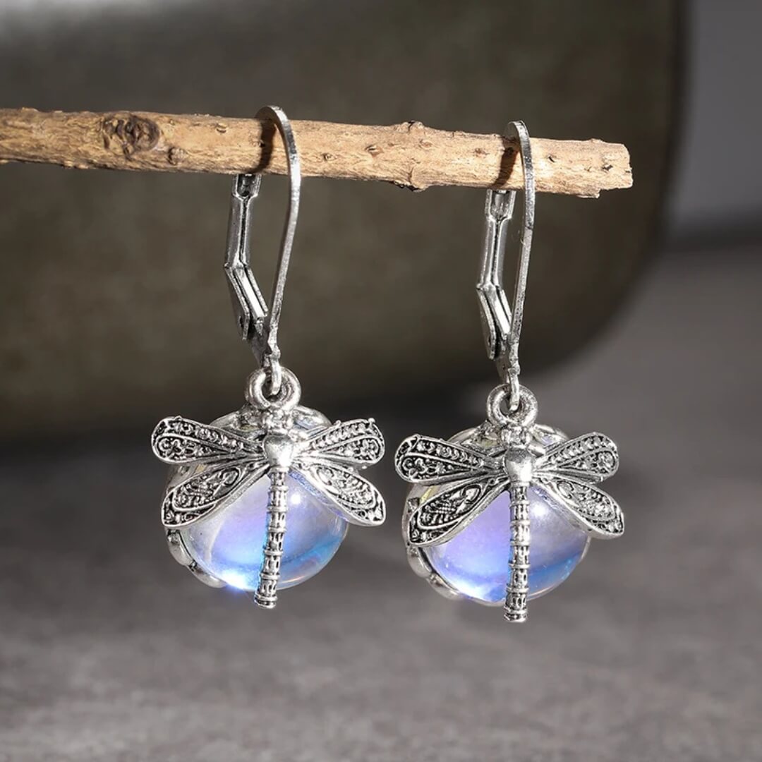 Moonstone Dragonfly Drop Earrings - Diane Jewelry