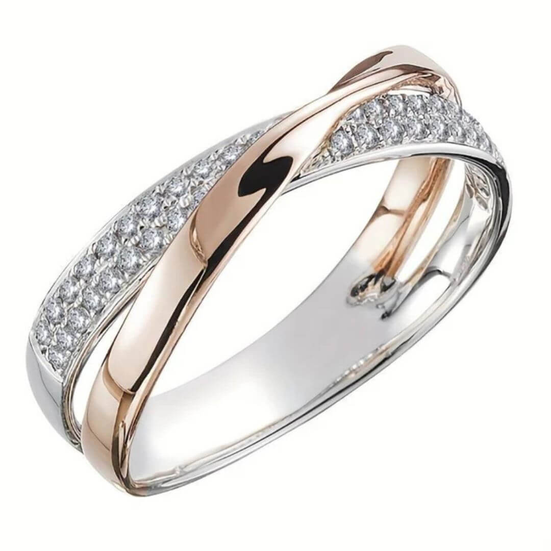 Two Tone Crystal Crossover Ring - Diane Jewelry
