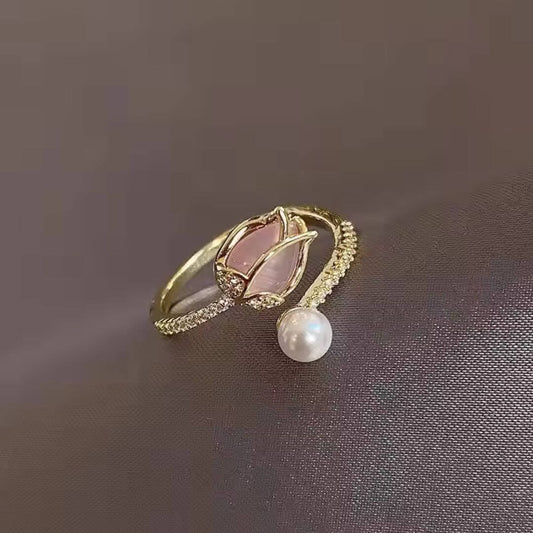 Gold Rosebud Pearl Adjustable Ring - Diane Jewelry