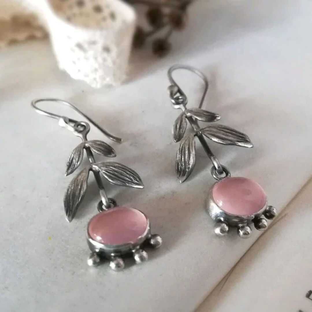 Vintage Leaf Pink Stone Earrings - Diane Jewelry