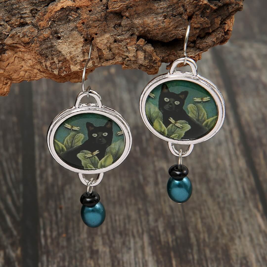 Black Cat Art Dangle Earrings - Diane Jewelry