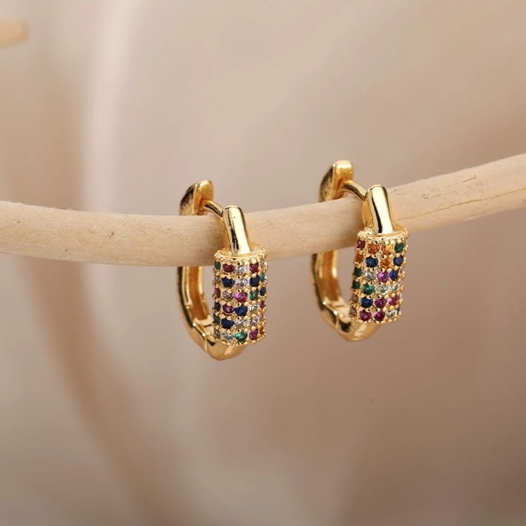 Gold Hoop Earrings with Multicolor Stones - Diane Jewelry