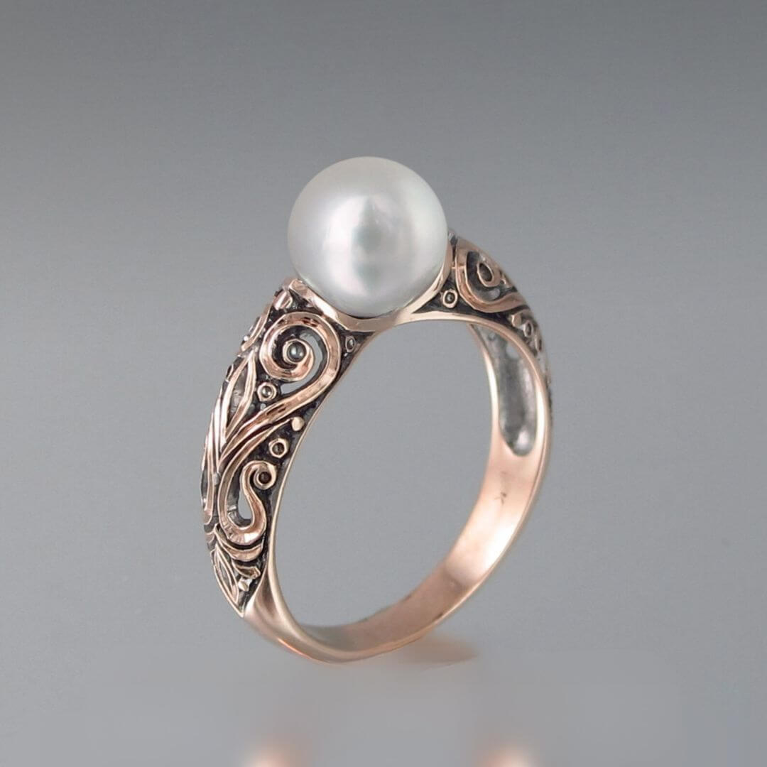 Rose Gold Filigree Pearl Ring - Diane Jewelry