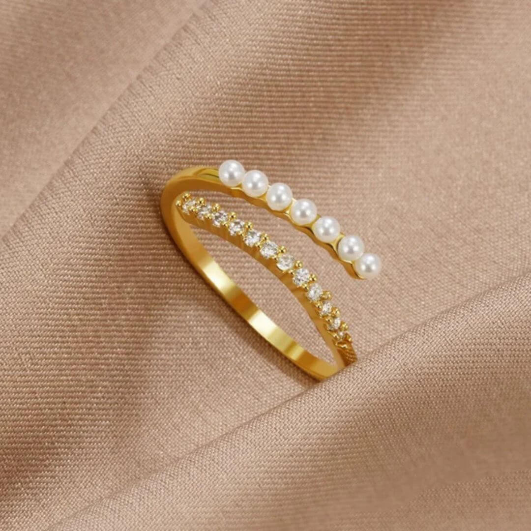 Gold Pearl Zircon Adjustable Ring - Diane Jewelry