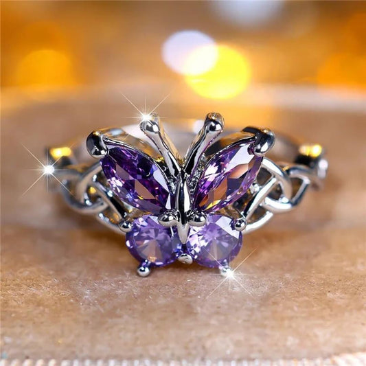 Amethyst Butterfly Silver Ring - Diane Jewelry