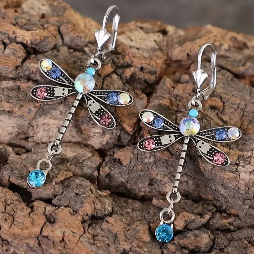 Silver Colorful Dragonfly Dangle Earrings - Diane Jewelry