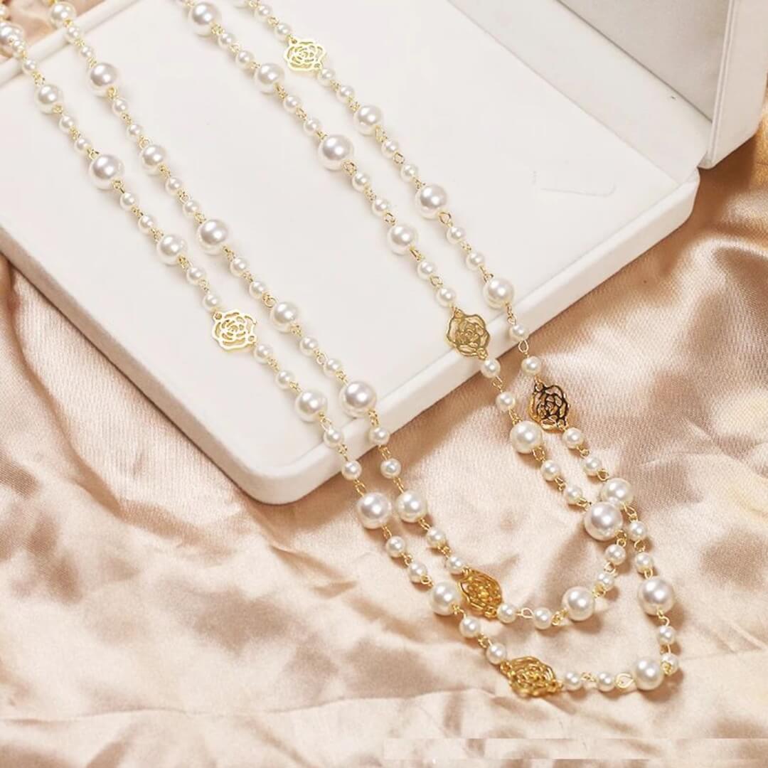 Gold Rose Pearl Layer Necklace - Diane Jewelry