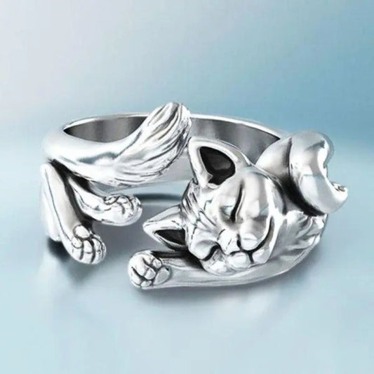 Sterling Silver Sleeping Cat Ring - Diane Jewelry