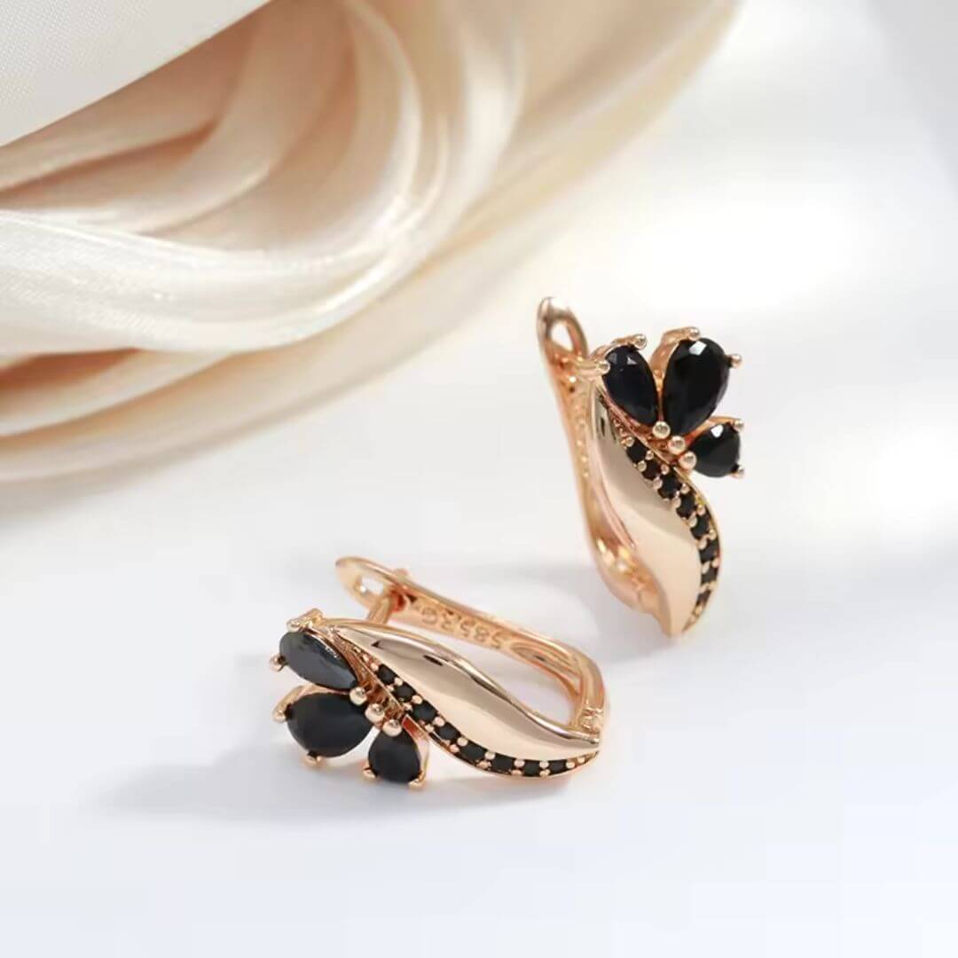 Floral Earrings with Black Gemstones - Diane Jewelry