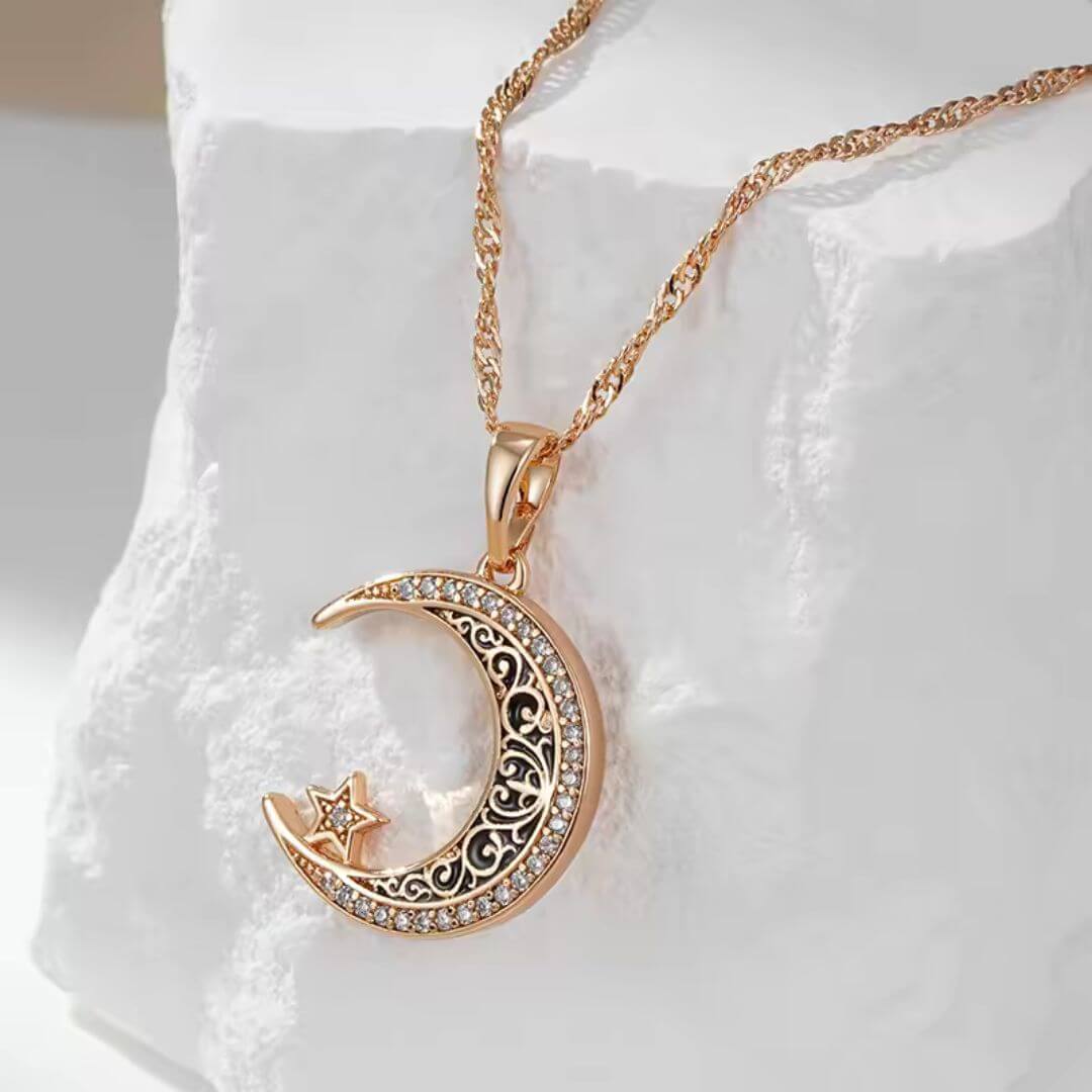 Gold Crescent Moon Star Necklace - Diane Jewelry