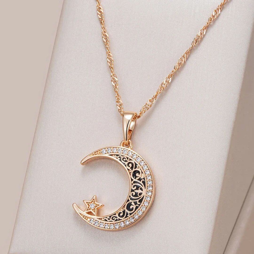 Gold Crescent Moon Star Necklace - Diane Jewelry