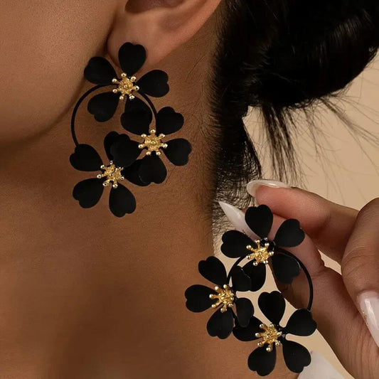 Black Floral Gold Statement Earrings - Diane Jewelry