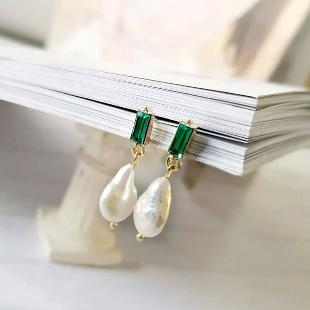 Emerald Green Pearl Drop Earrings - Diane Jewelry