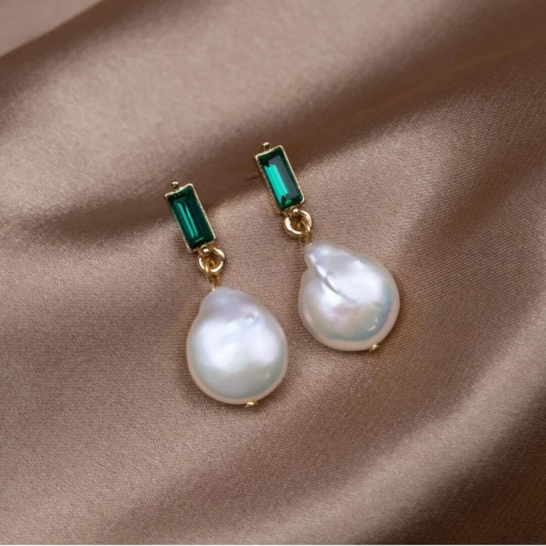 Emerald Green Pearl Drop Earrings - Diane Jewelry