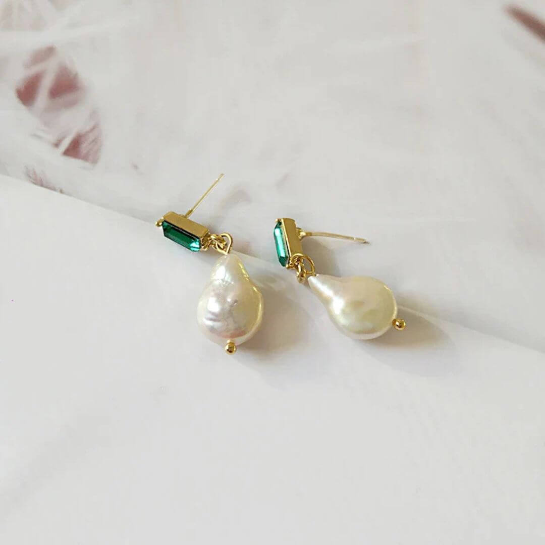 Emerald Green Pearl Drop Earrings - Diane Jewelry