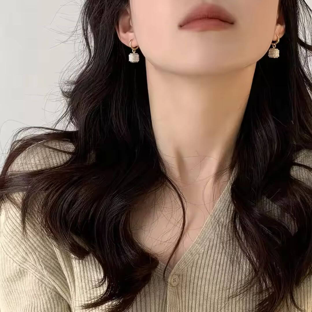 Pearl Cube Drop Hoop Earrings - Diane Jewelry