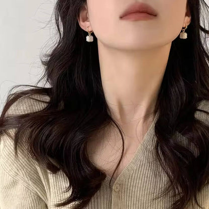 Pearl Cube Drop Hoop Earrings - Diane Jewelry