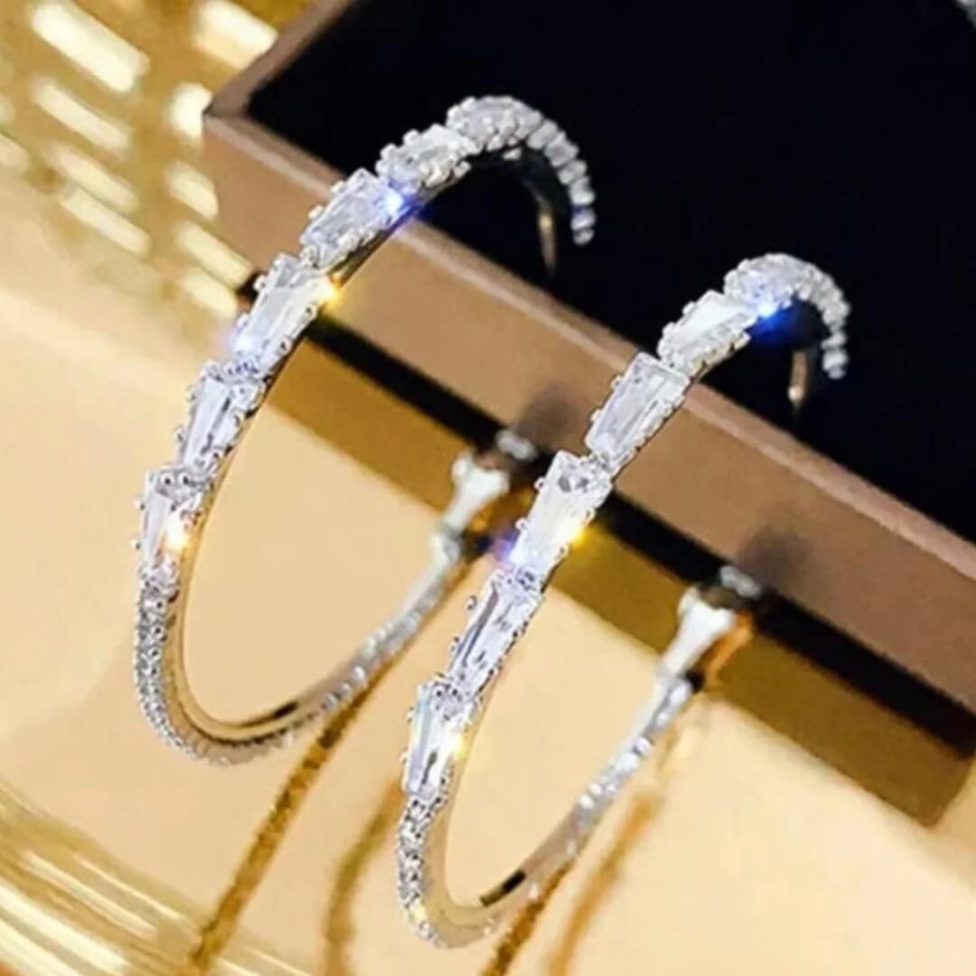 Silver Baguette Crystal Hoop Earrings - Diane Jewelry