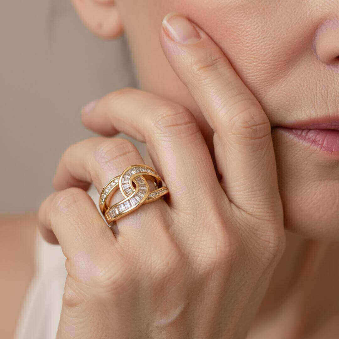 Gold Baguette Crisscross Statement Ring Emma & Noah Jewelry