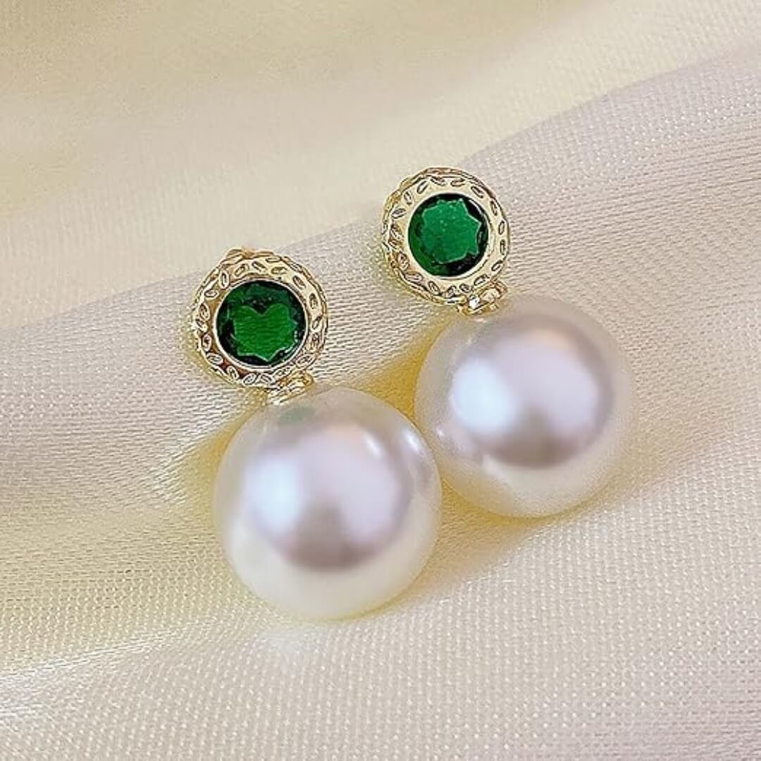 Emerald Pearl Gold Stud Earrings - Diane Jewelry