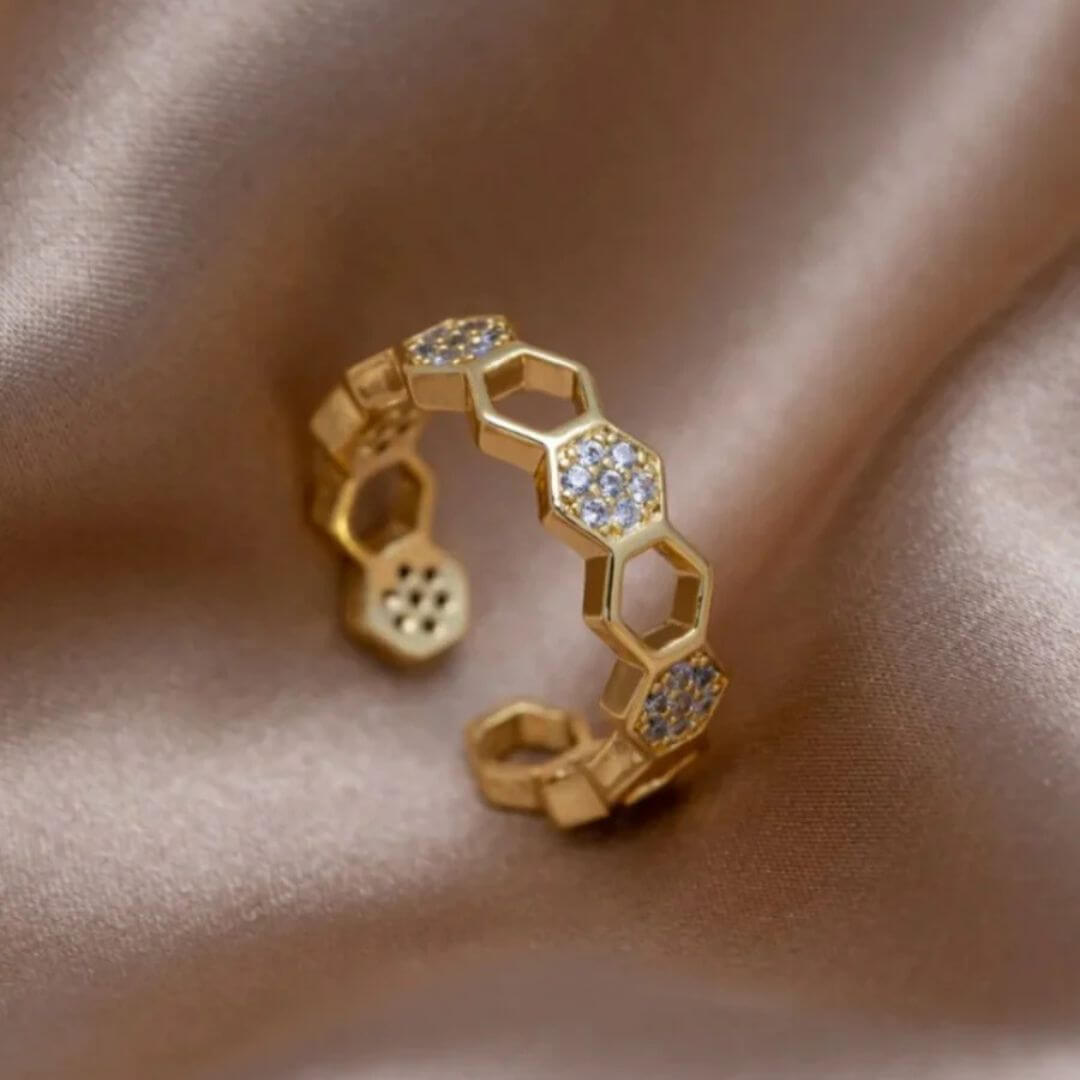Honeycomb Hexagon Gold Crystal Ring - Diane Jewelry