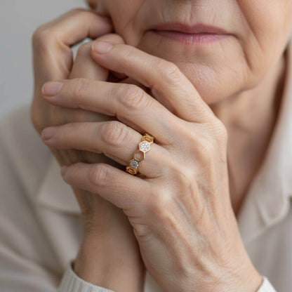 Honeycomb Hexagon Gold Crystal Ring Emma & Noah Jewelry