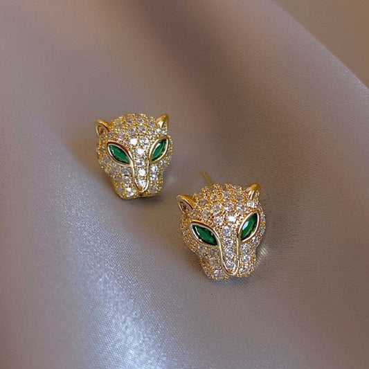Leopard Head Green Eye Earrings - Diane Jewelry