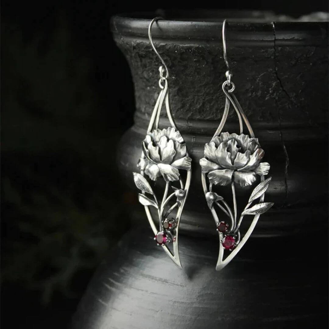 Silver Floral Gemstone Drop Earrings - Diane Jewelry