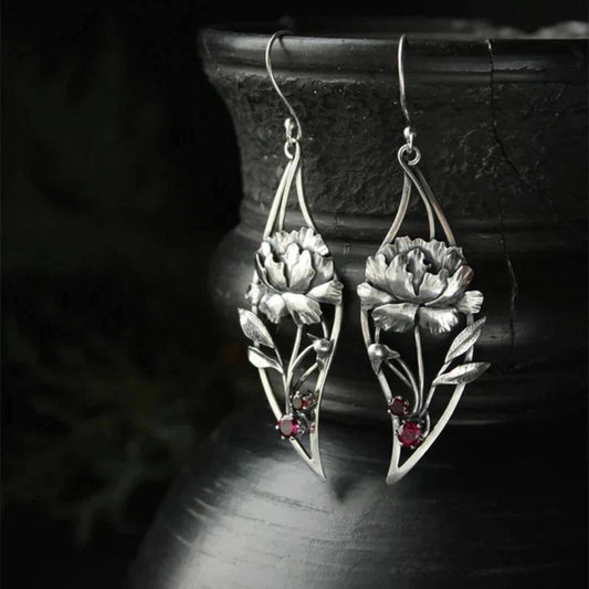 Silver Floral Gemstone Drop Earrings - Diane Jewelry