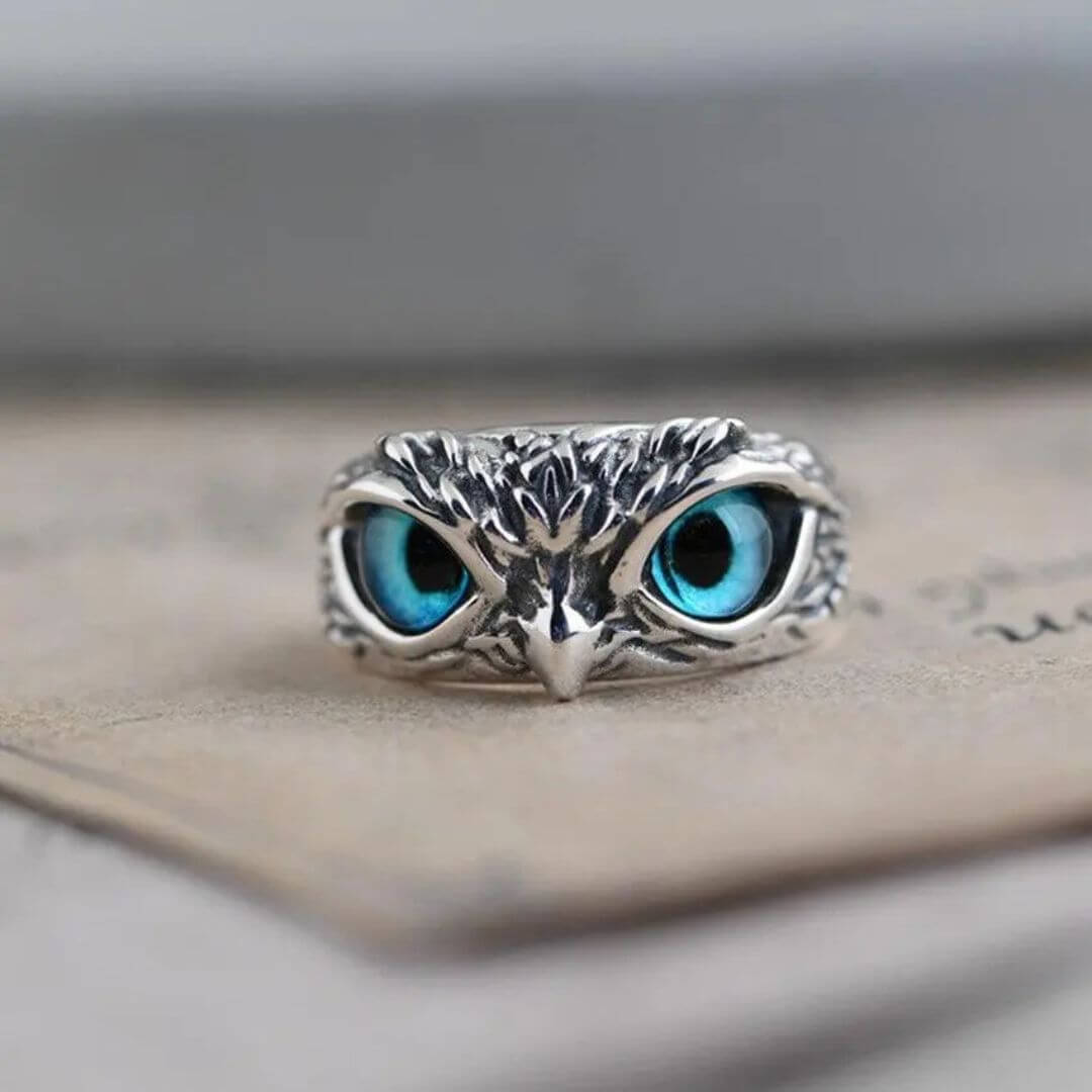 Silver Blue Eye Owl Ring Diane Jewelry