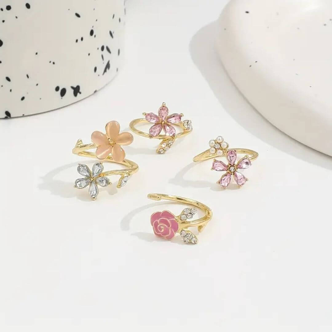 Colorful Flower Adjustable Ring Set - Diane Jewelry